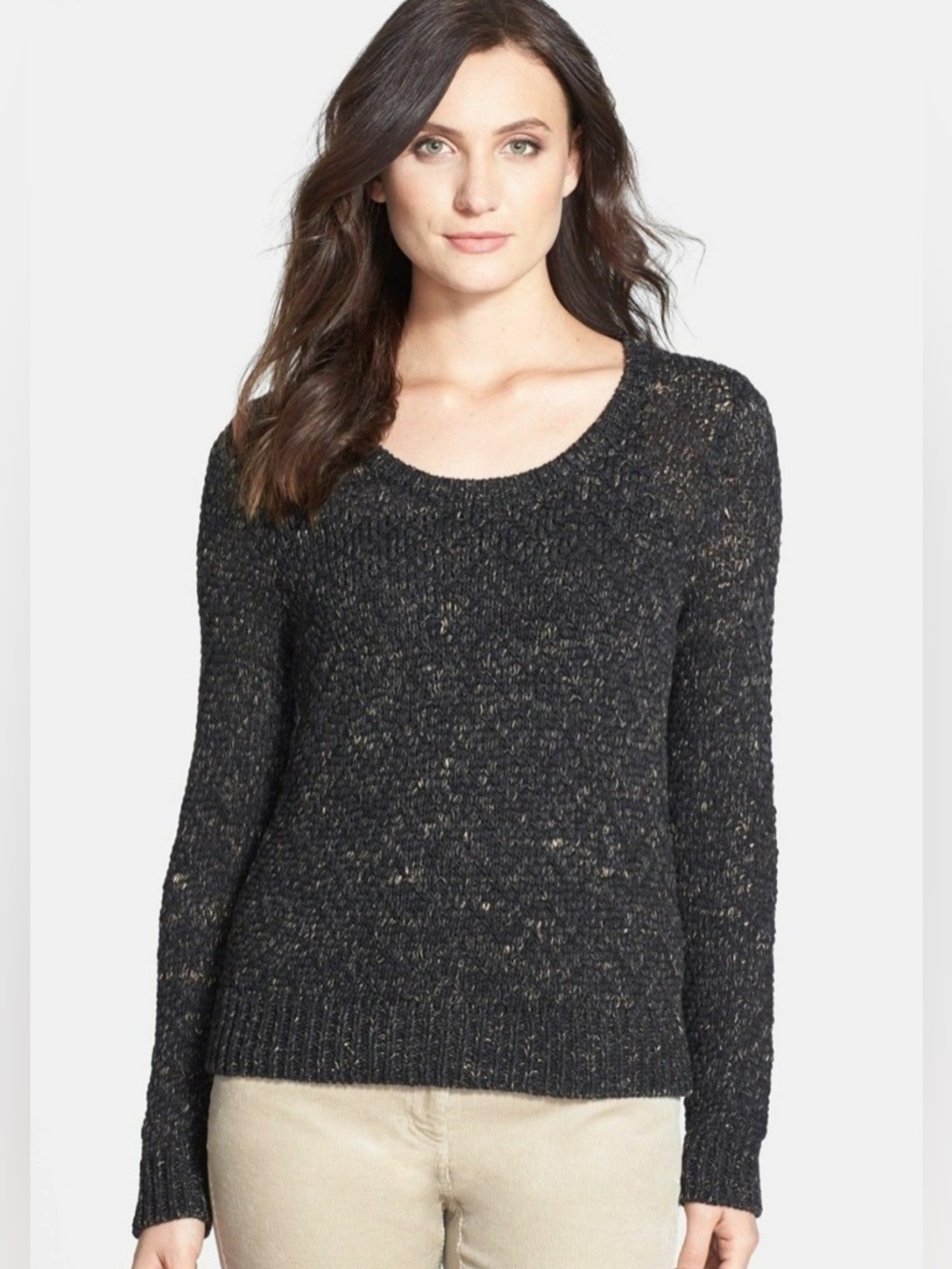 Eileen Fisher Soft Tinted Tape Twist Sweater XS Black Linen Blend Open Knit